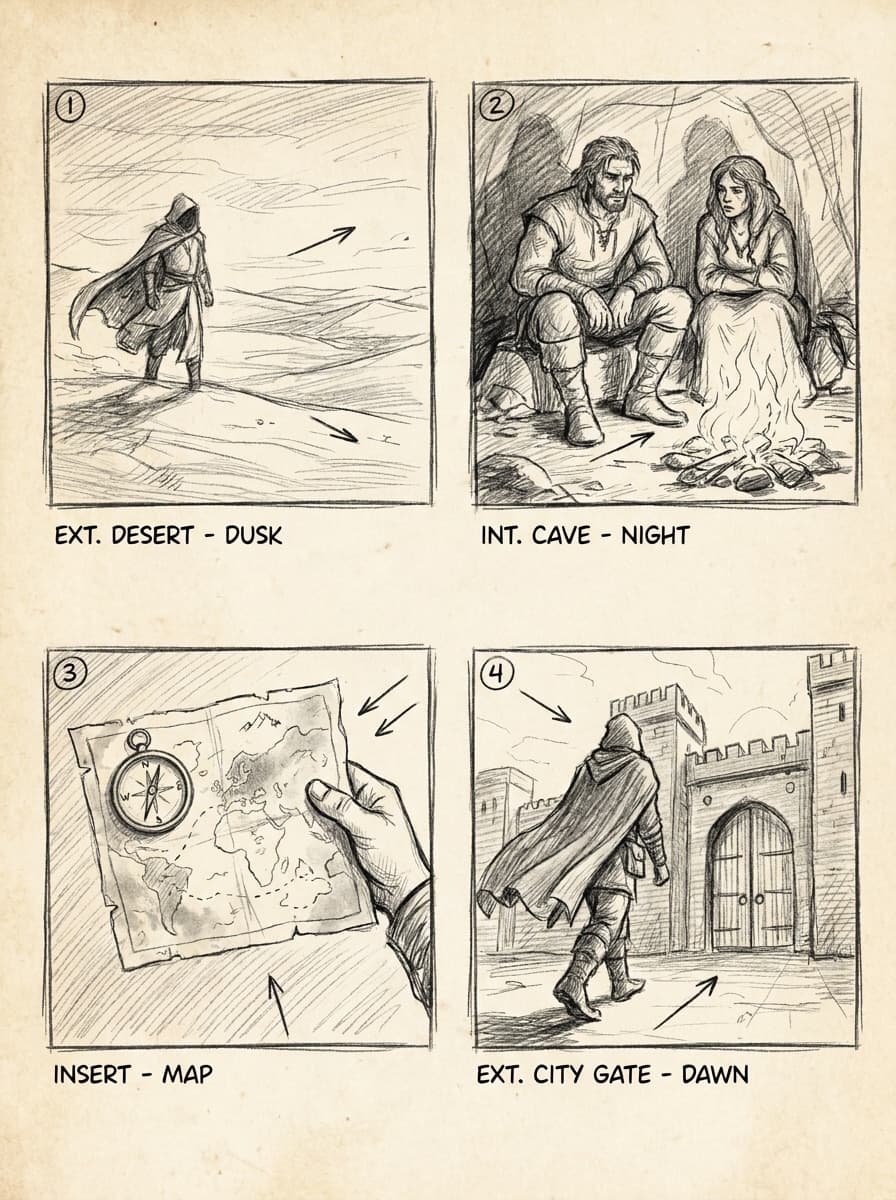 Storyboard panels rendered in loose pencil sketch style