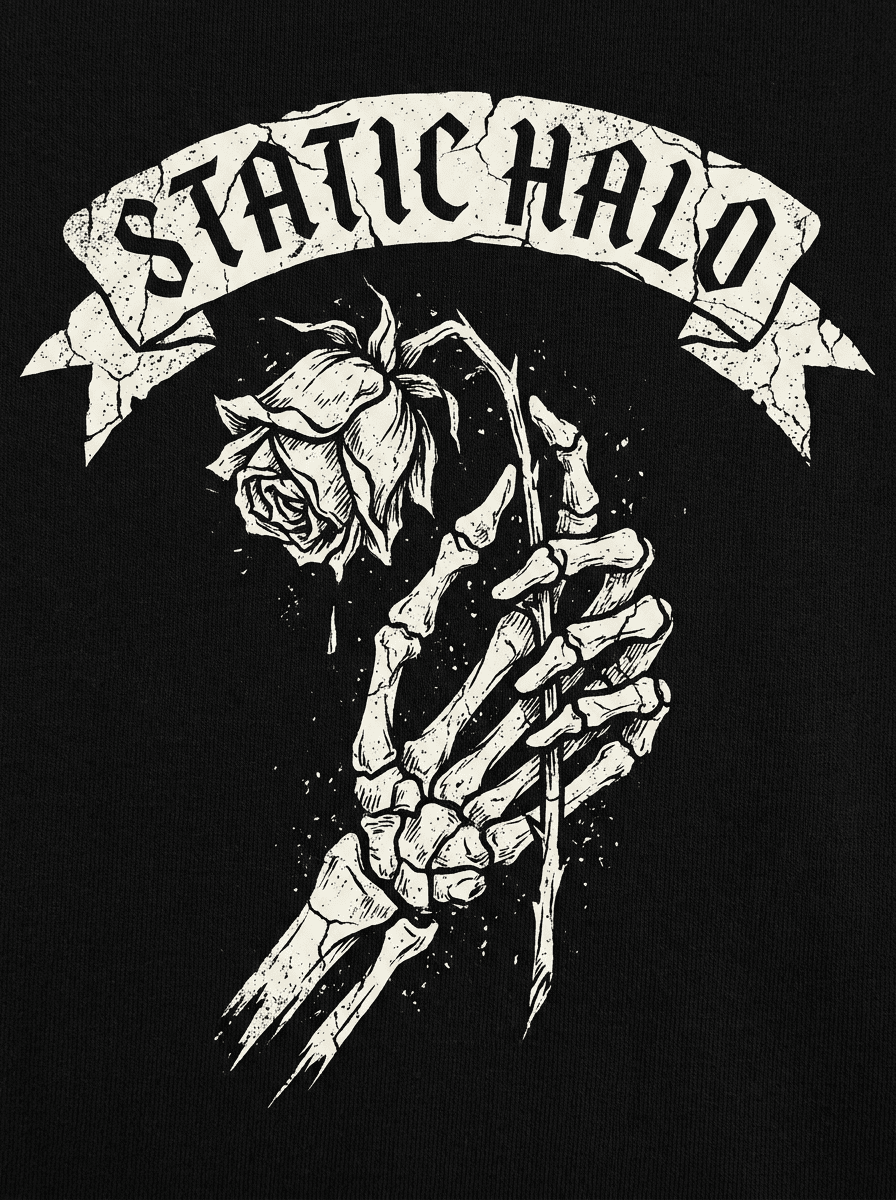 Grunge band-style t-shirt graphic of a skeletal hand holding a rose with gothic lettering