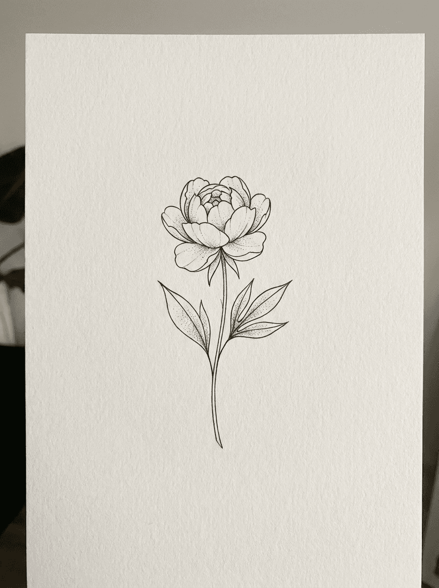 Fine line peony tattoo design in delicate black linework on plain paper