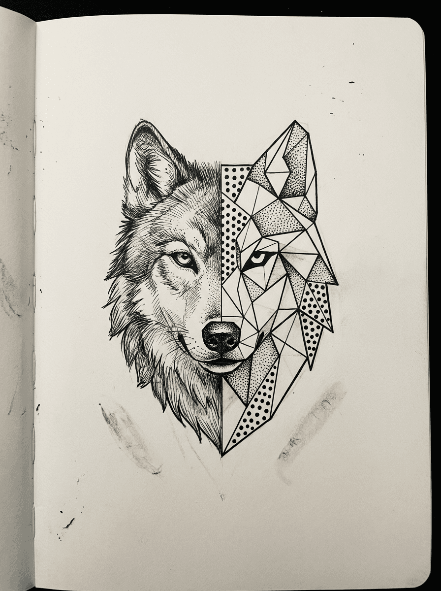 Geometric blackwork wolf head tattoo design combining linework and low-poly facets