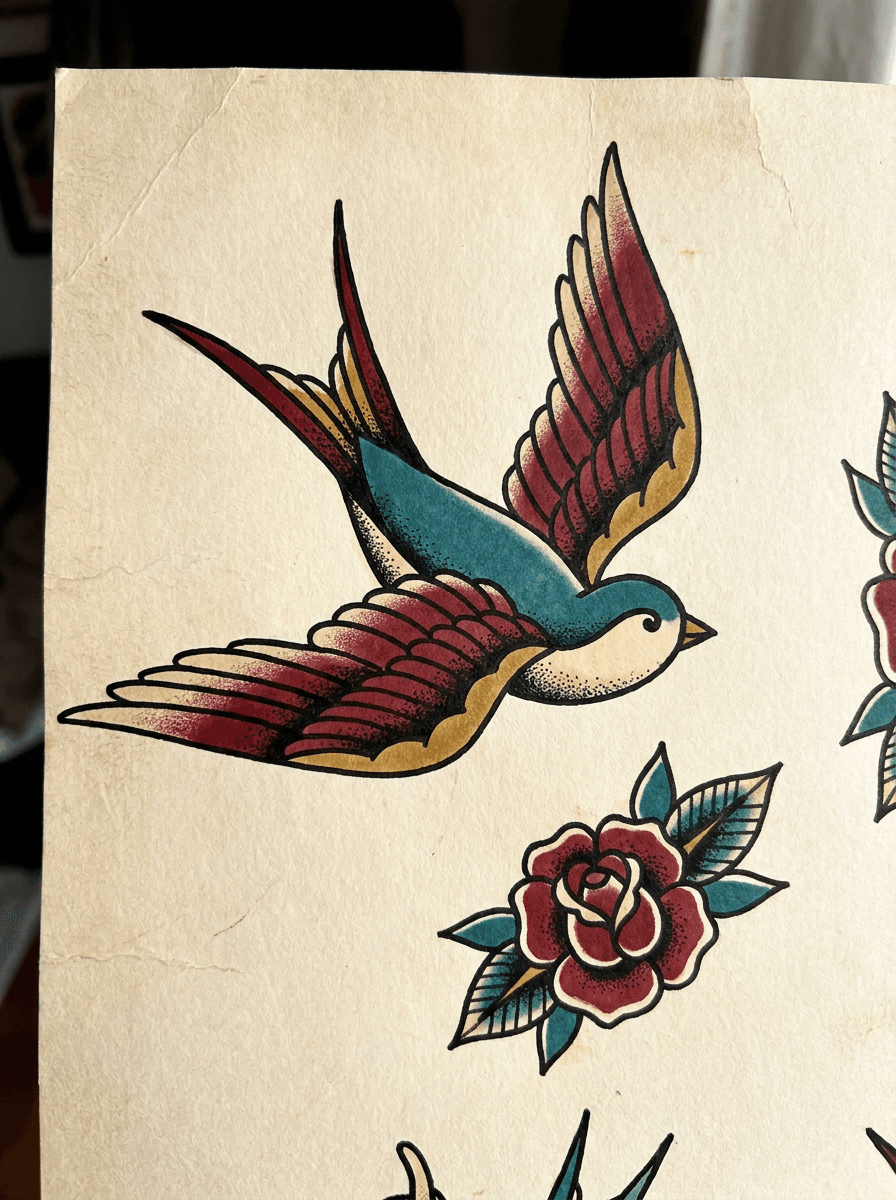 American traditional swallow tattoo flash with bold outlines and a limited color palette