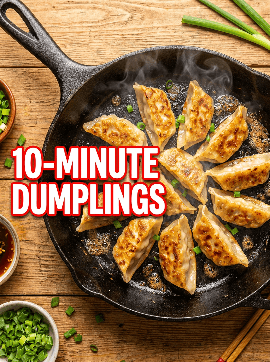 Cooking video thumbnail of a sizzling pan of dumplings with bold outlined title text