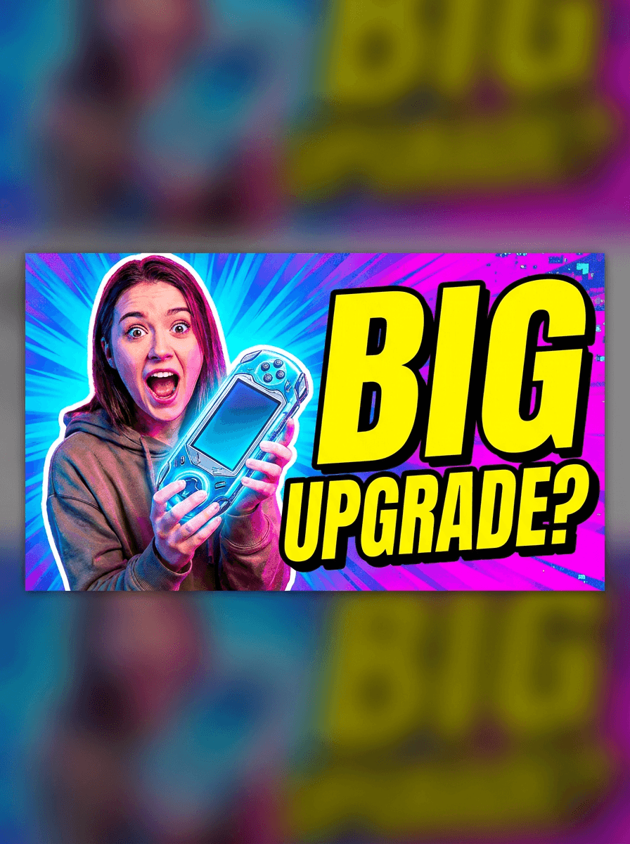 Bold 16:9 tech review thumbnail with a surprised presenter, gradient burst, and large outlined text