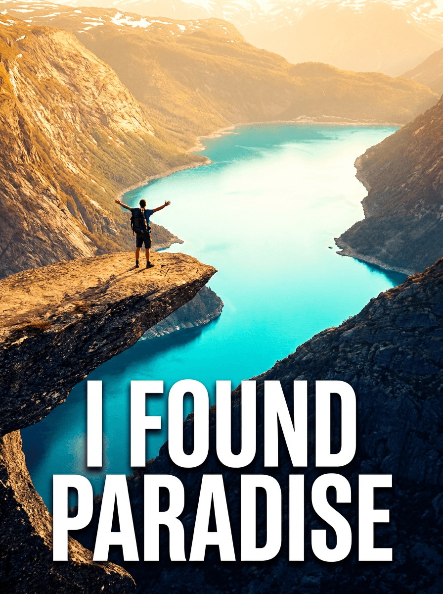 Travel vlog thumbnail of a hiker above a turquoise coastline with bold white title capitals