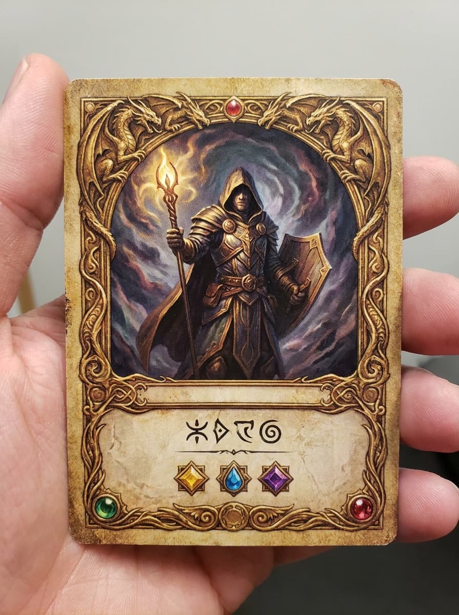 Portrait reimagined as a fantasy hero on a game card