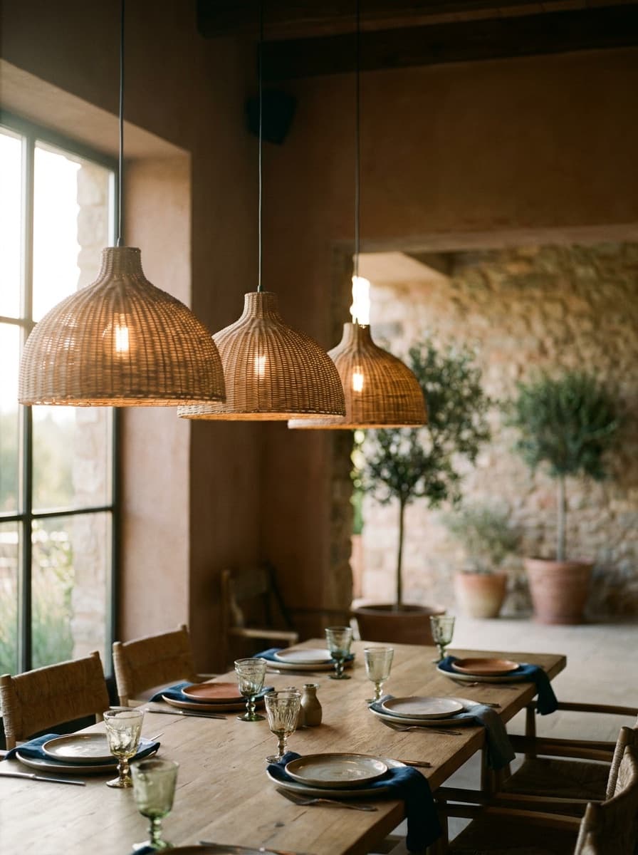 Empty dining area staged with a table set and pendant lighting