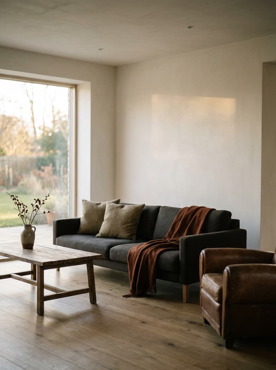 Empty living room staged with modern furniture and decor