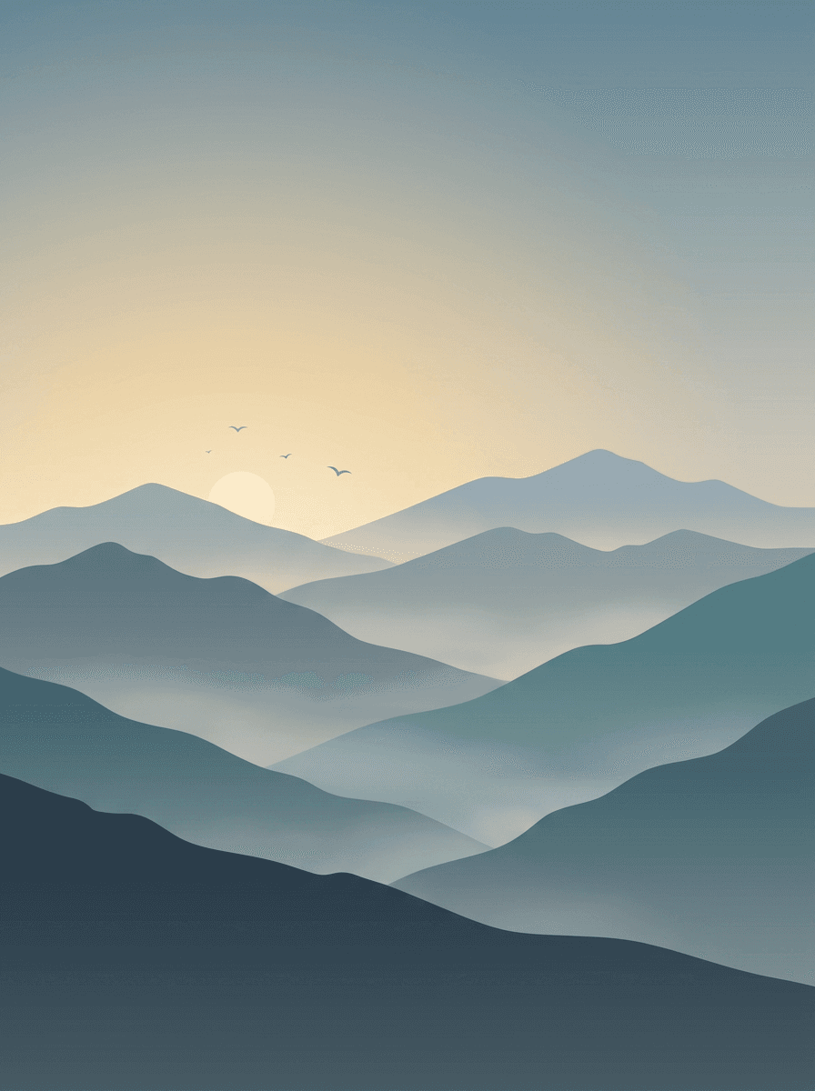 Widescreen desktop wallpaper of layered misty mountain ridgelines at sunrise