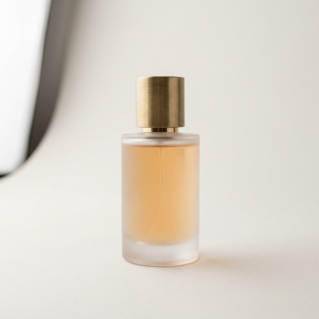 Studio photo of a frosted glass perfume bottle with a brass cap
