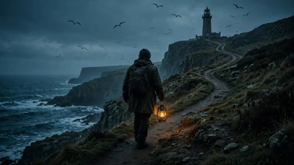 Noir Documentary style sample: a lighthouse keeper carrying a lantern up a cliff path at dusk