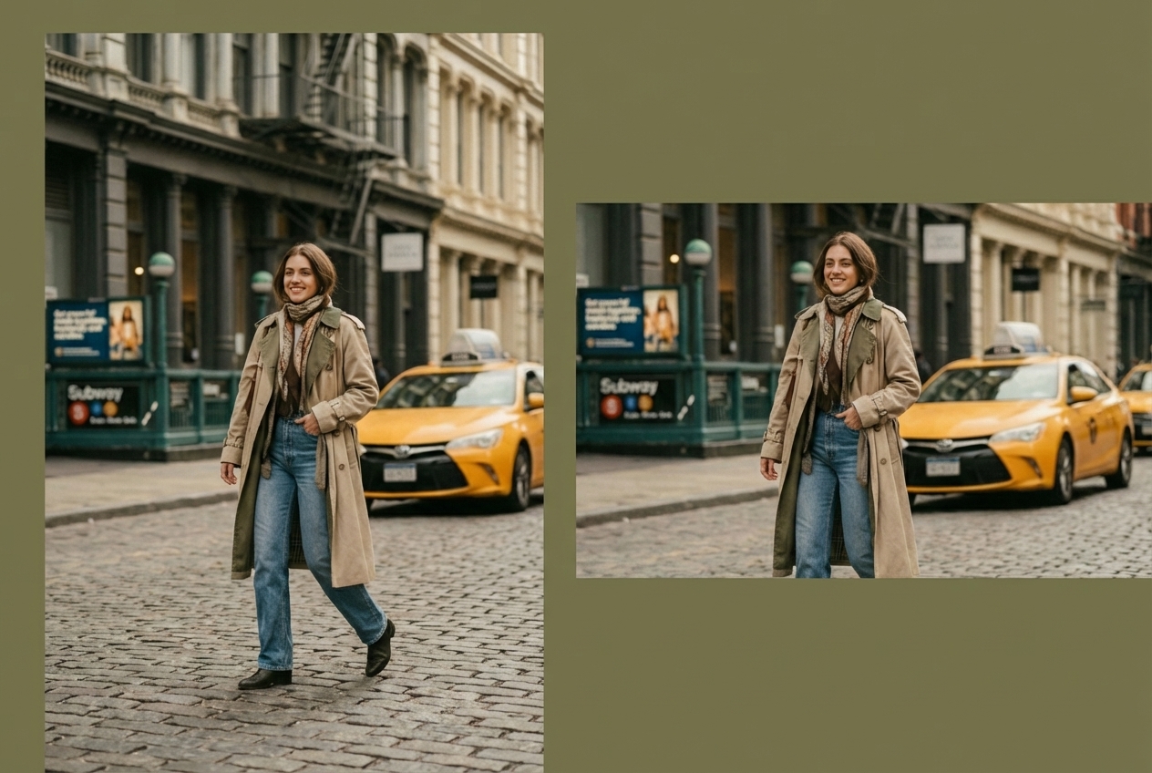 Street portrait compared in tall portrait and wide landscape crops