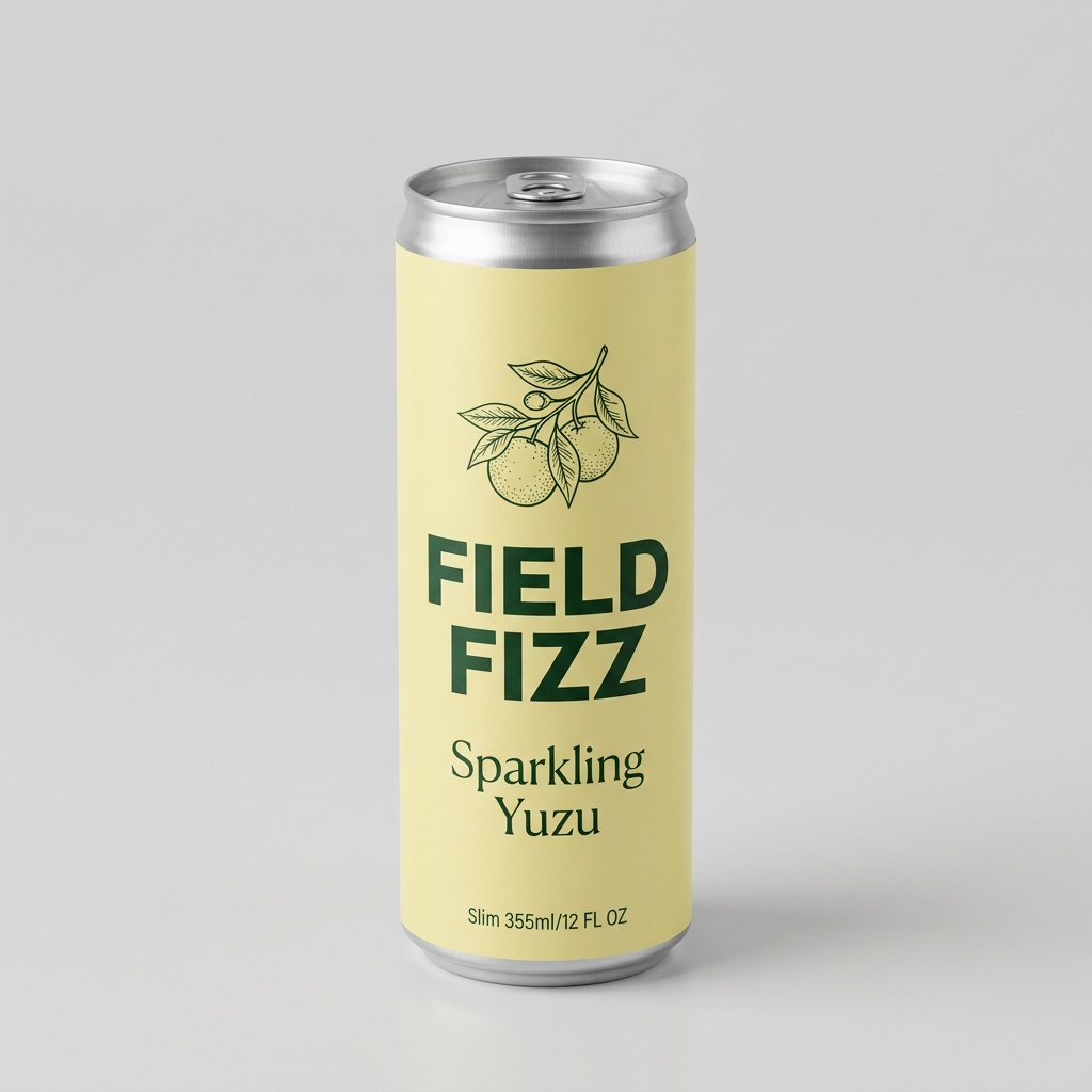 Slim pale-yellow Field Fizz Sparkling Yuzu can on a light gray background
