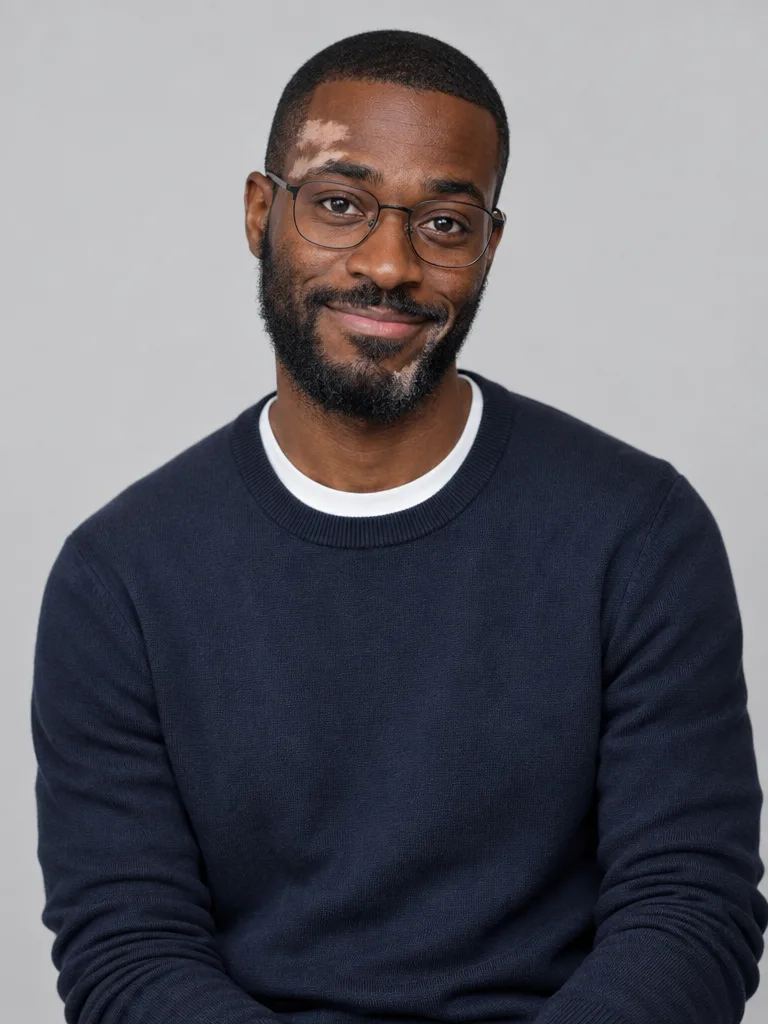 Kofi, a Made-generated man with glasses, a short beard and a navy sweater, on a gray backdrop