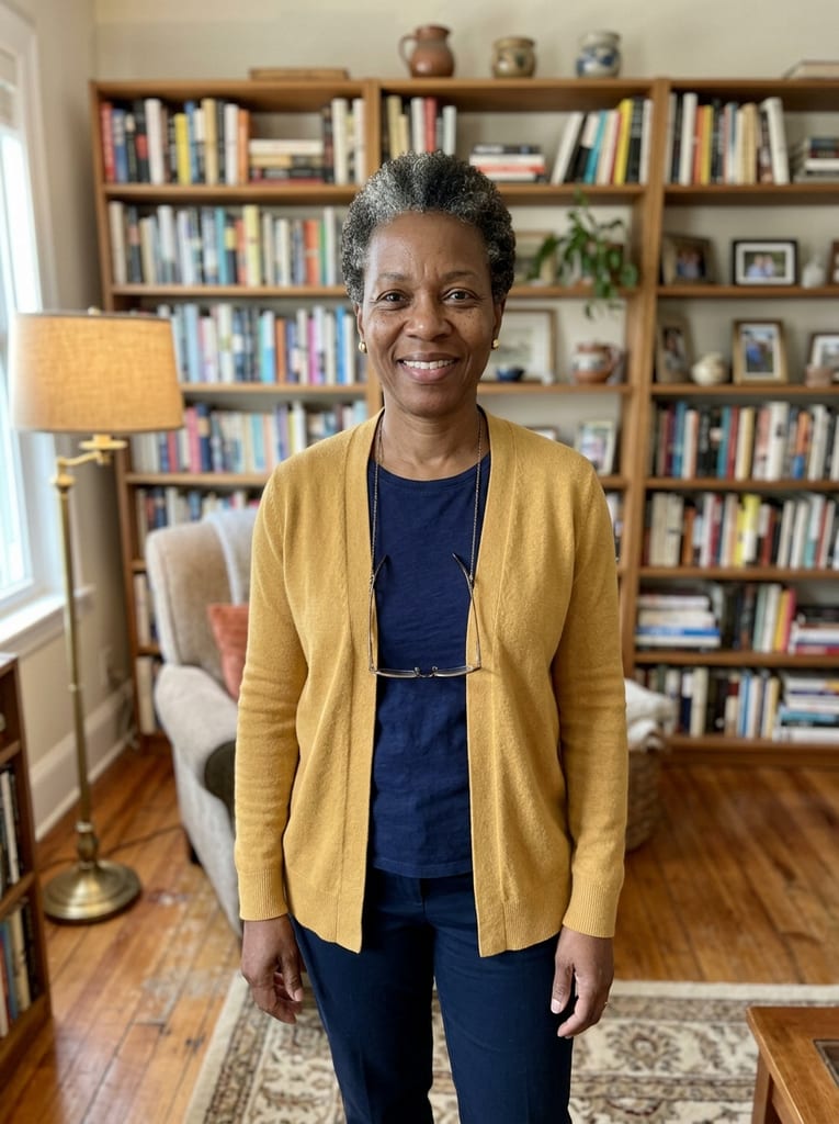 Preset avatar Grace, a woman in her fifties in a mustard cardigan, standing in a living room