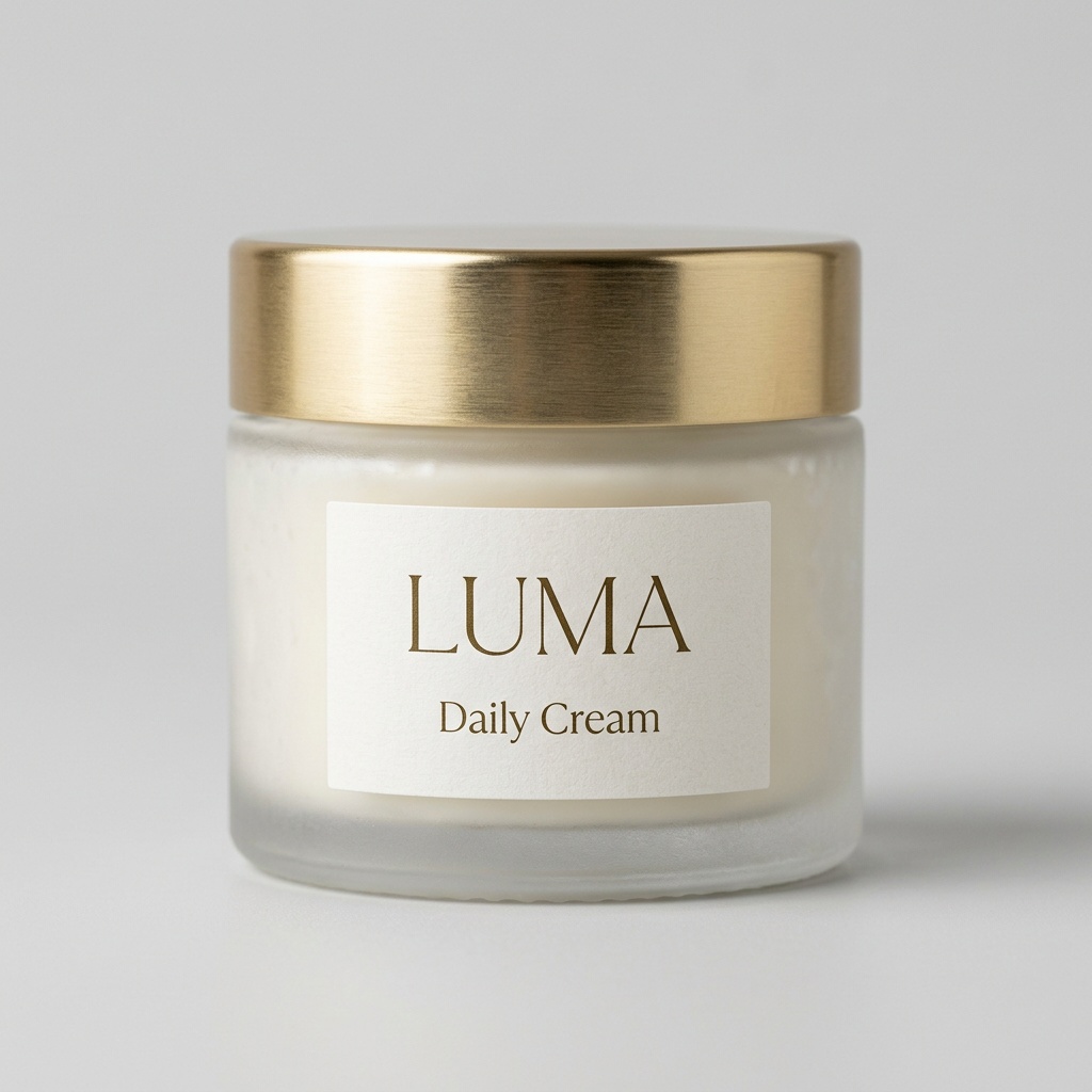 Luma Daily Cream sample: a frosted white jar with a brushed gold lid and a cream label
