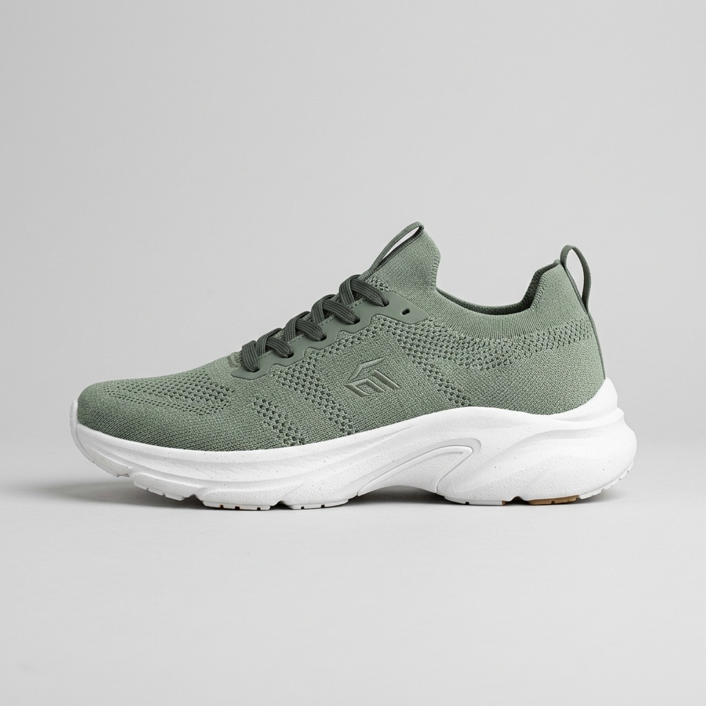Sage running shoe sample, side profile on a light gray background