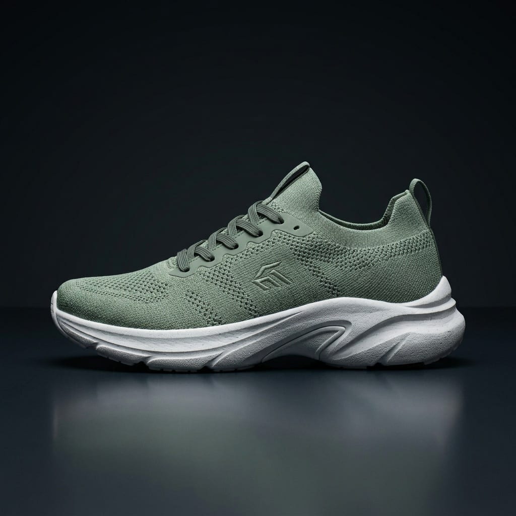The same sneaker on a deep charcoal surface with rim light