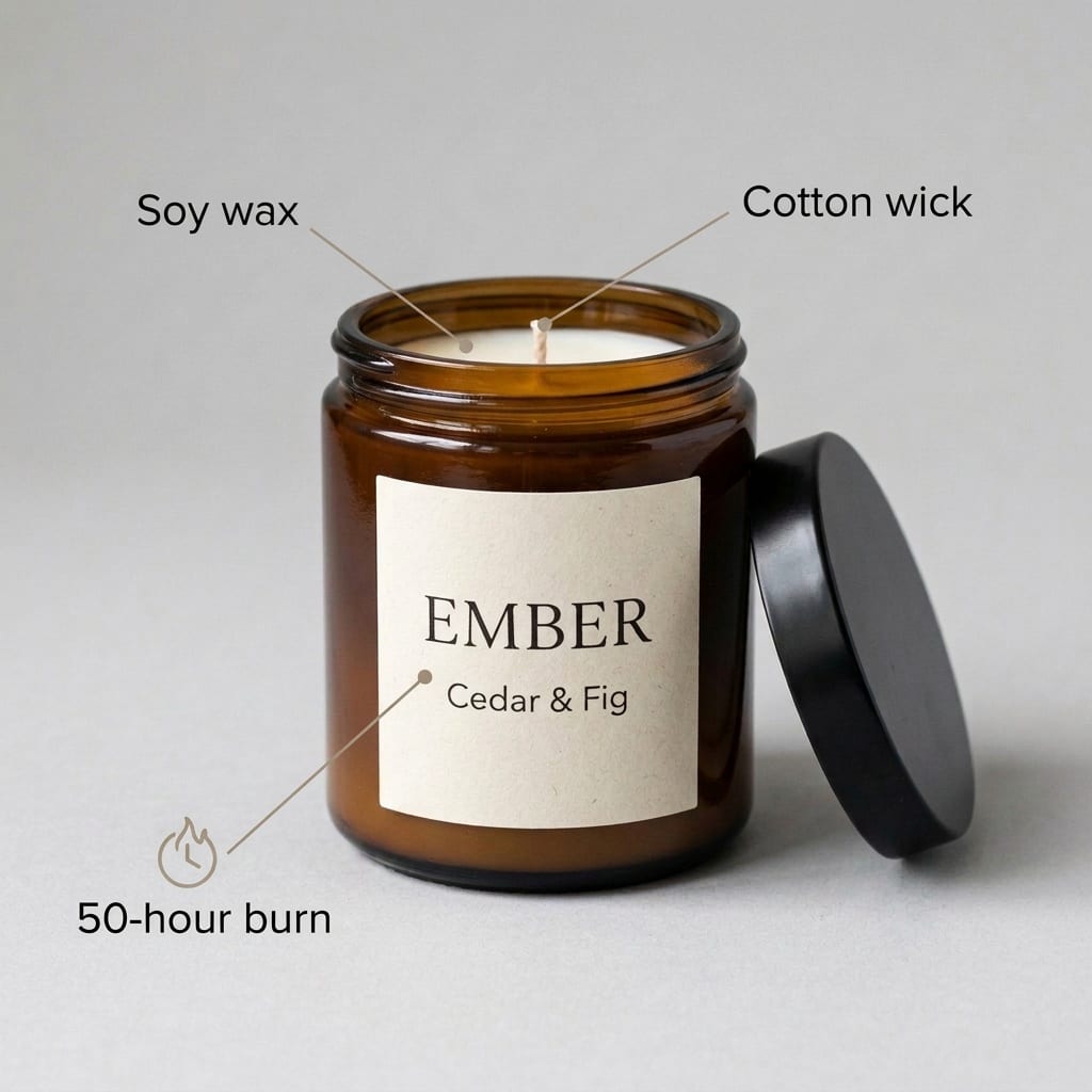 Amber candle jar with pointer lines labeled Soy wax, Cotton wick and 50-hour burn