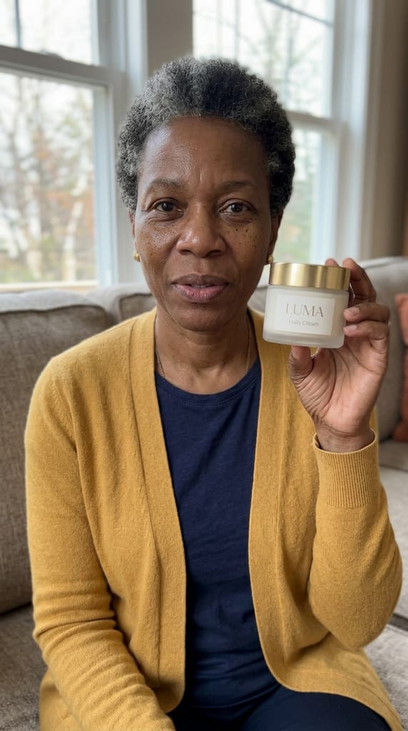 Grace sitting on a sofa, holding the cream jar beside her face with the label toward the camera
