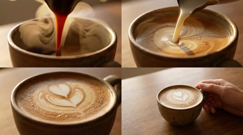 Four coffee detail images showing an espresso pour, milk pour, latte art, and finished cup