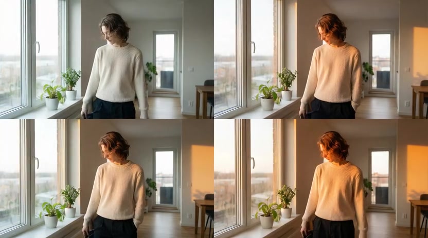 Four editorial portraits of an adult beside a window under neutral and golden-hour light