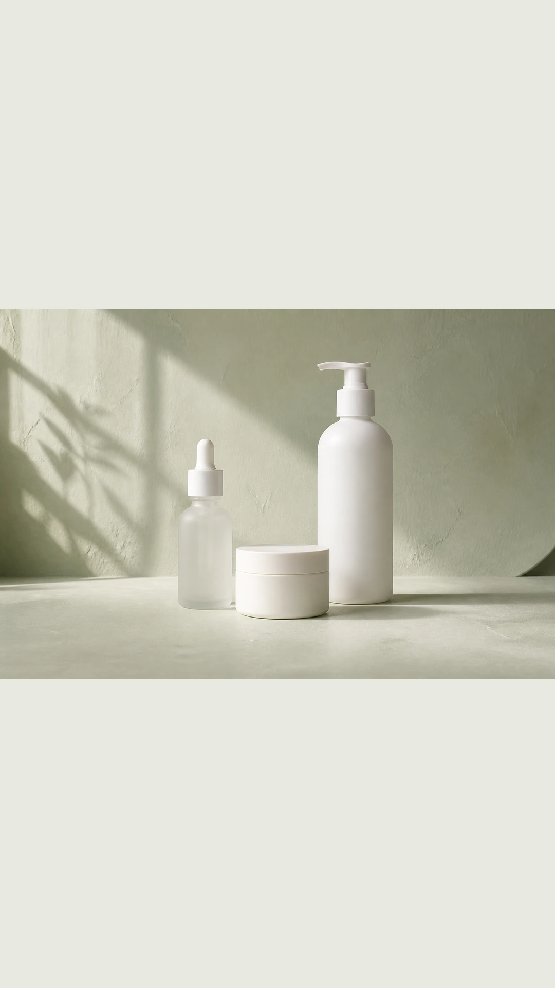 Full skincare still life centered in a vertical canvas with pale sage padding