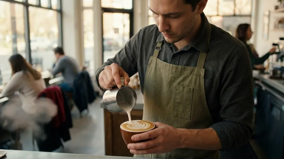 A barista pouring latte art, ready for color grading