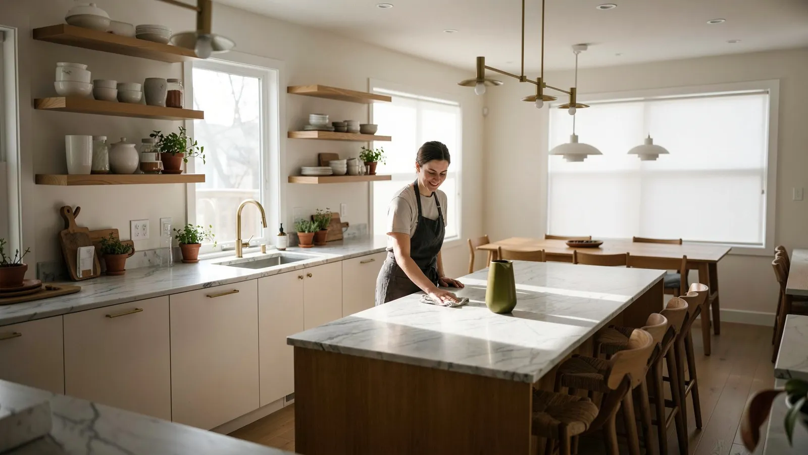A kitchen photo expanded to 16:9 with more cabinets, shelves, and windows
