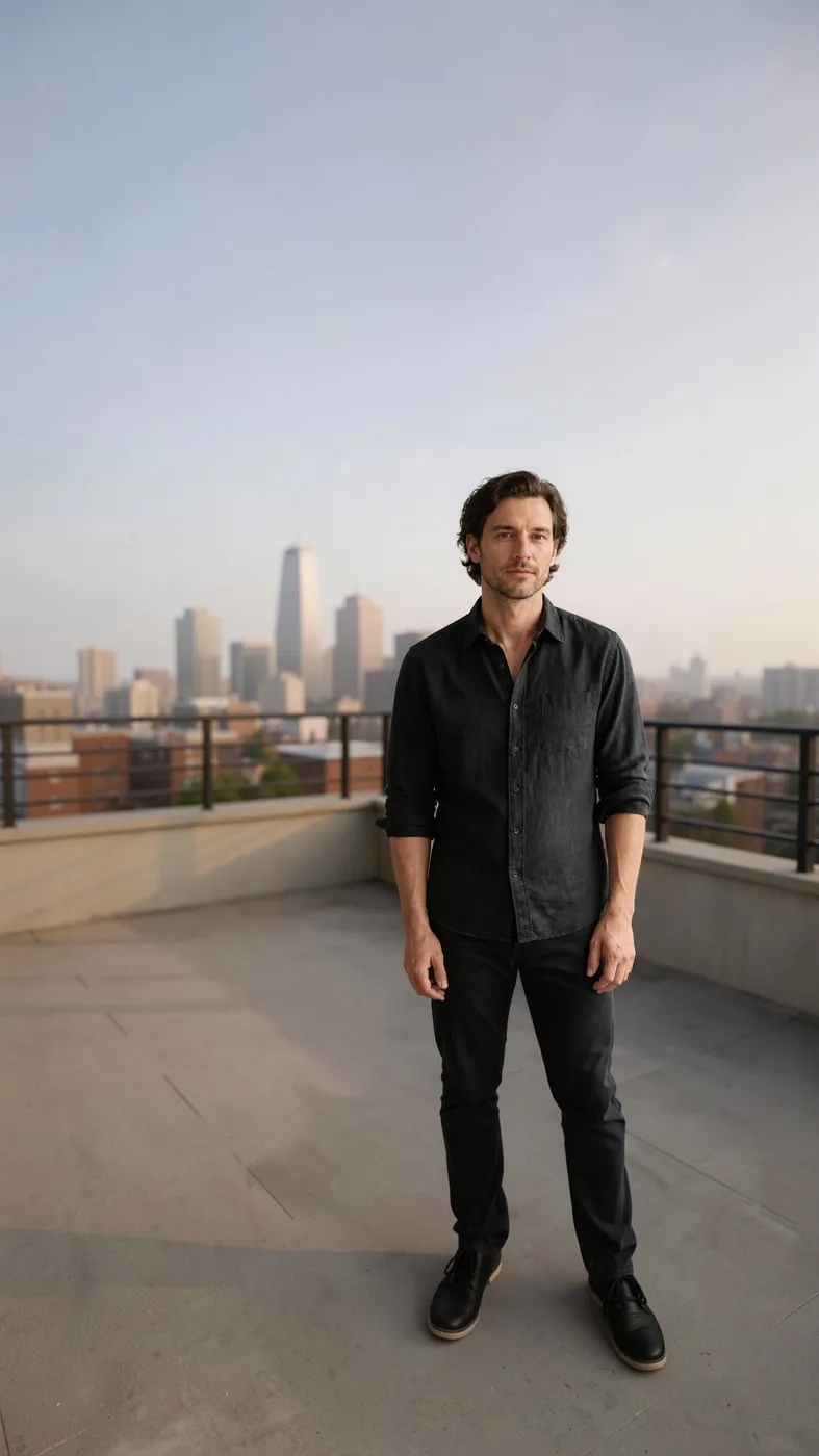 A rooftop portrait expanded from landscape to a 9:16 vertical showing the full figure
