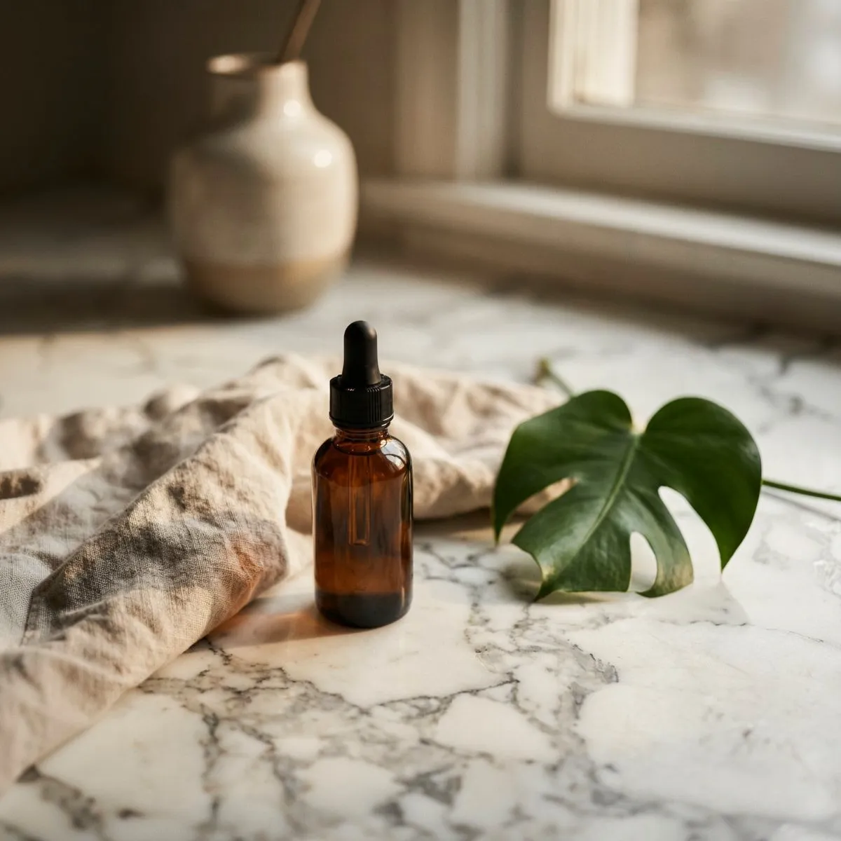 A serum bottle on marble expanded from 3:4 to a square marketplace frame