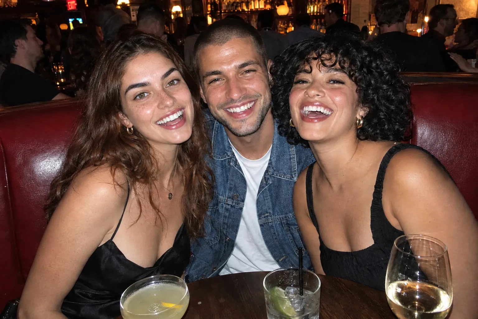 Three friends in a bar booth after a face swap on the woman on the left; the two people beside her are unchanged