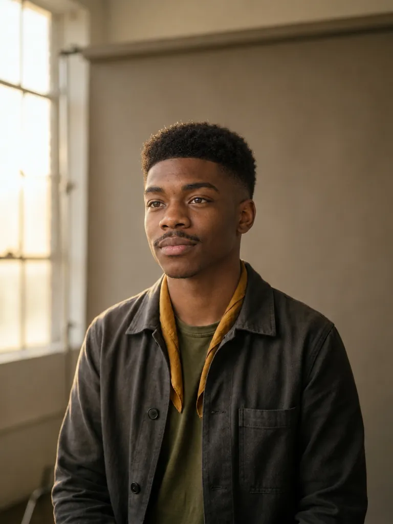 The same photo with the face of a young man with a high-top fade and a thin mustache