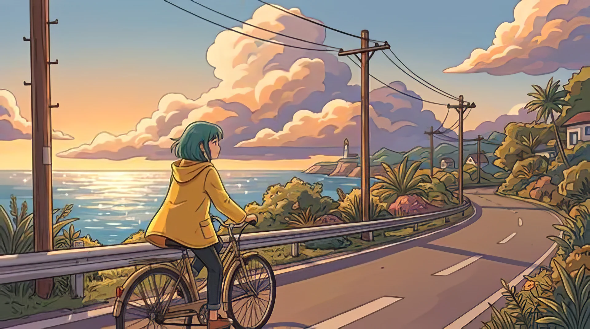 An anime illustration of a girl in a yellow raincoat riding a bicycle along the sea at sunset, upscaled 4×