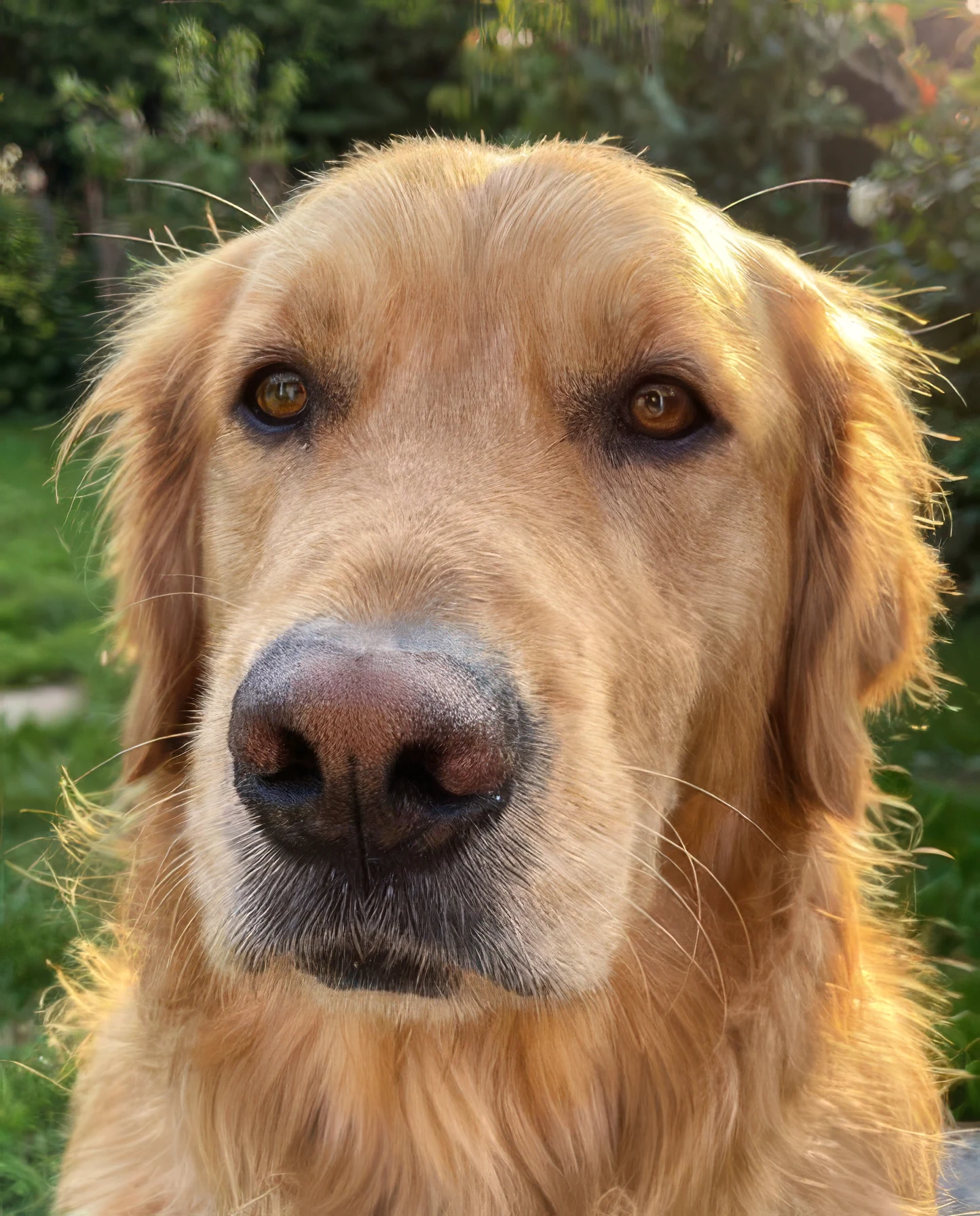 A close-up of a golden retriever in the sun, upscaled 4× with fur and whiskers restored