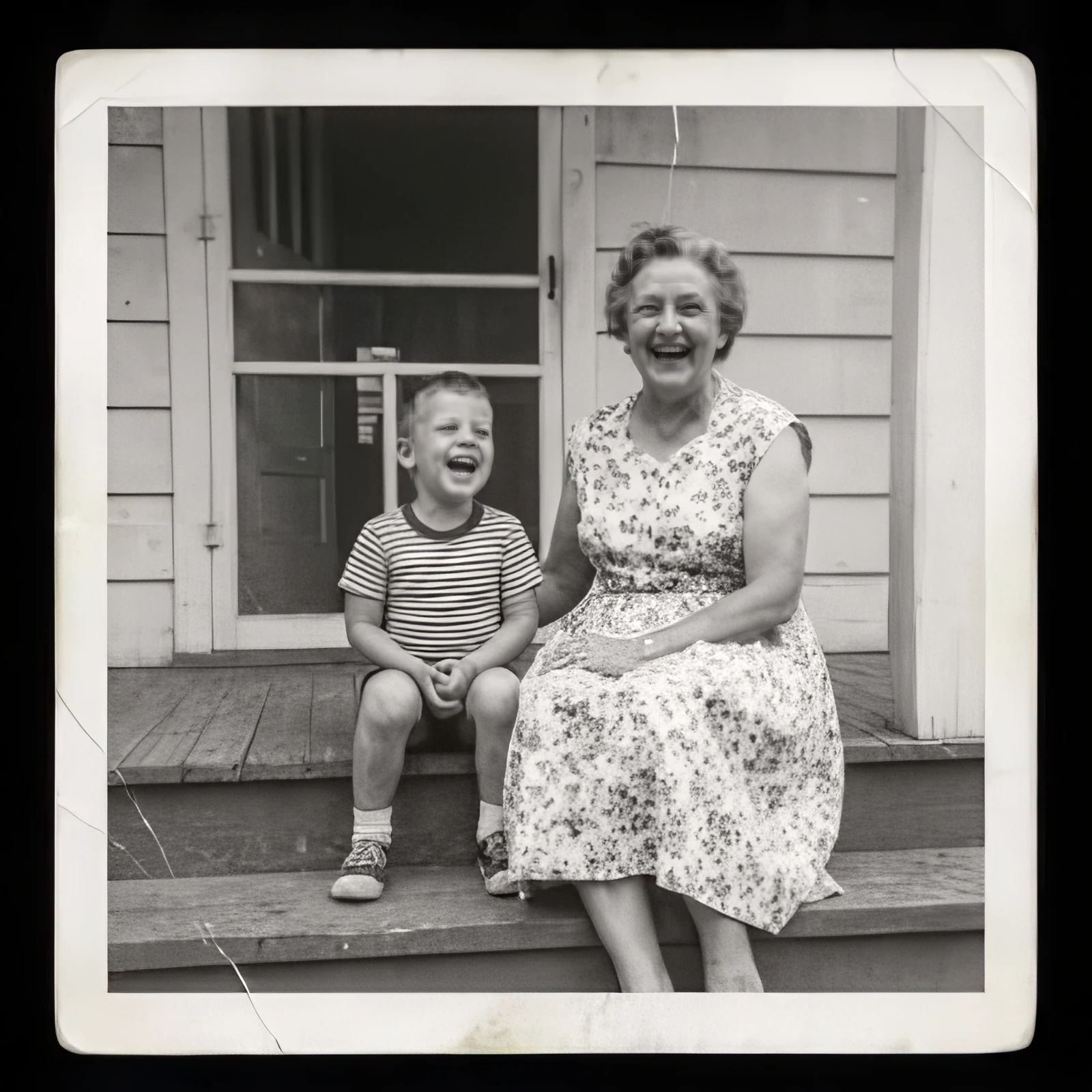 A black and white photo of a grandmother and a young boy laughing on a porch step, upscaled 4× from a 400 pixel scan