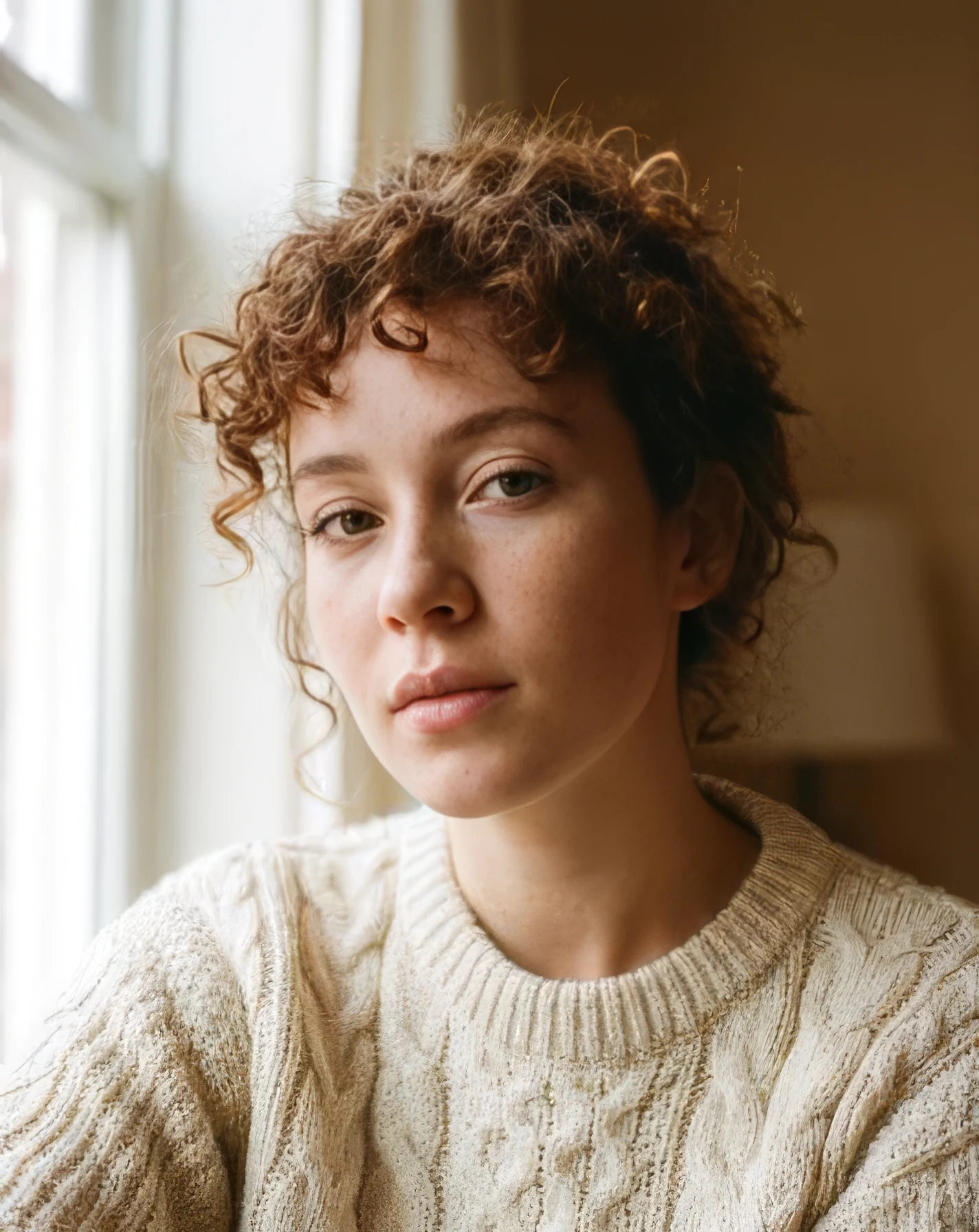 A close-up portrait of a woman with curly auburn hair, upscaled 4× from a 356 pixel web image