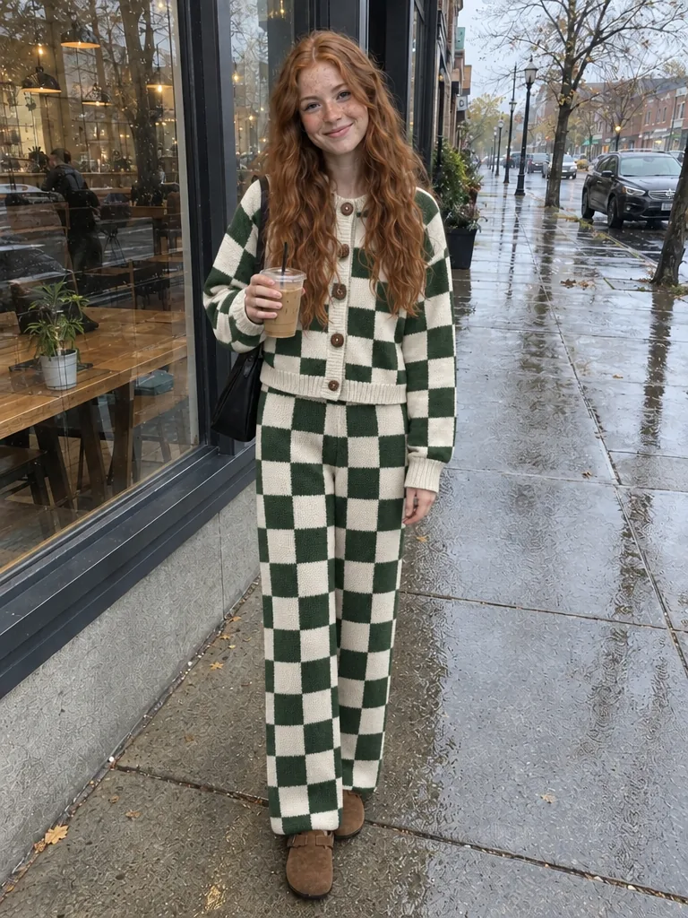 The knit set on a young woman with long copper-red hair outside a café on a rainy street