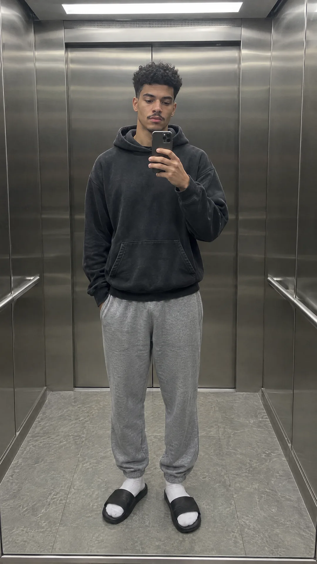An elevator mirror selfie of a man in a faded black hoodie, grey sweatpants, socks and slides