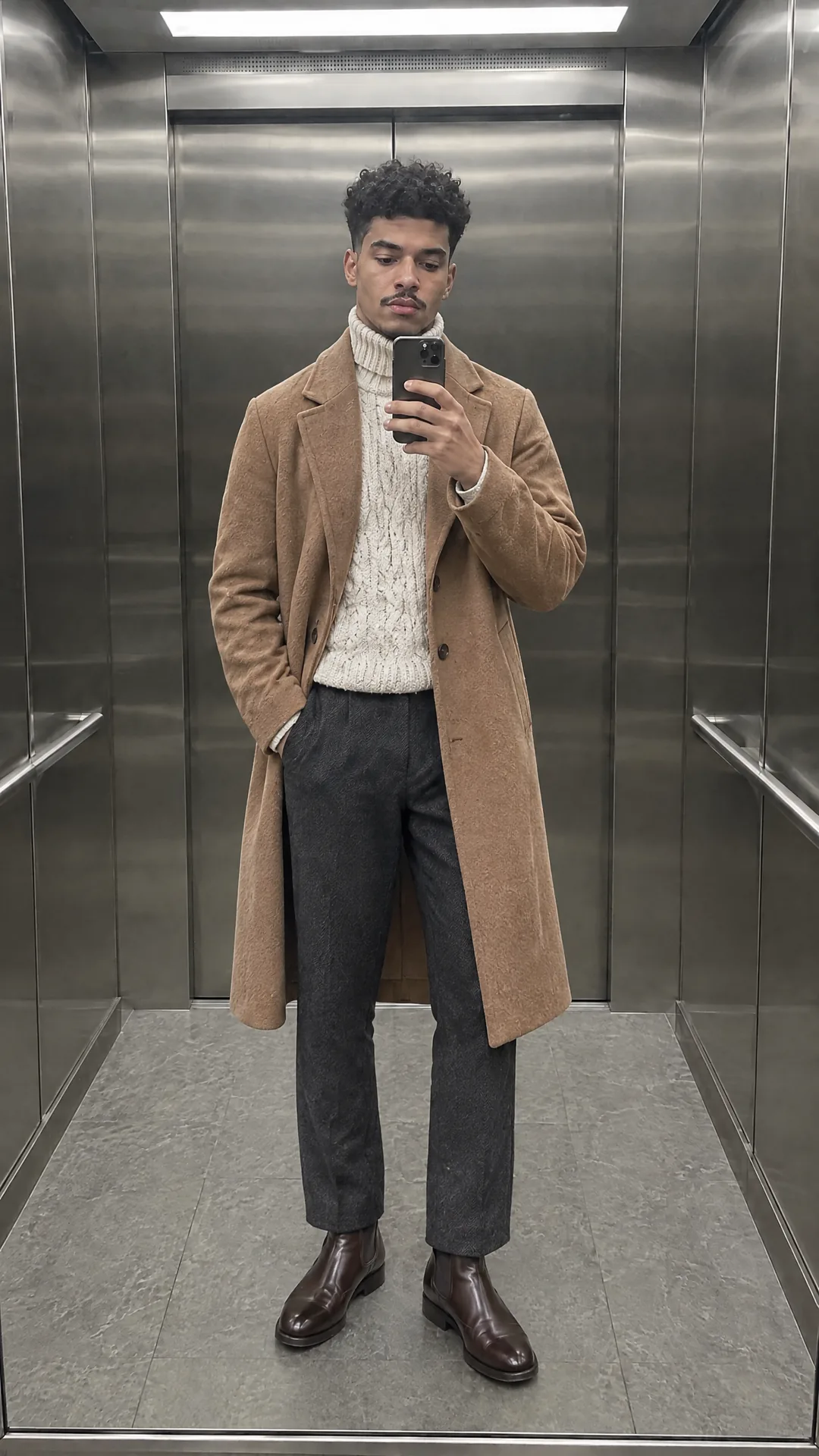 The same mirror selfie after the swap: a camel overcoat, cream knit turtleneck, charcoal trousers and brown Chelsea boots
