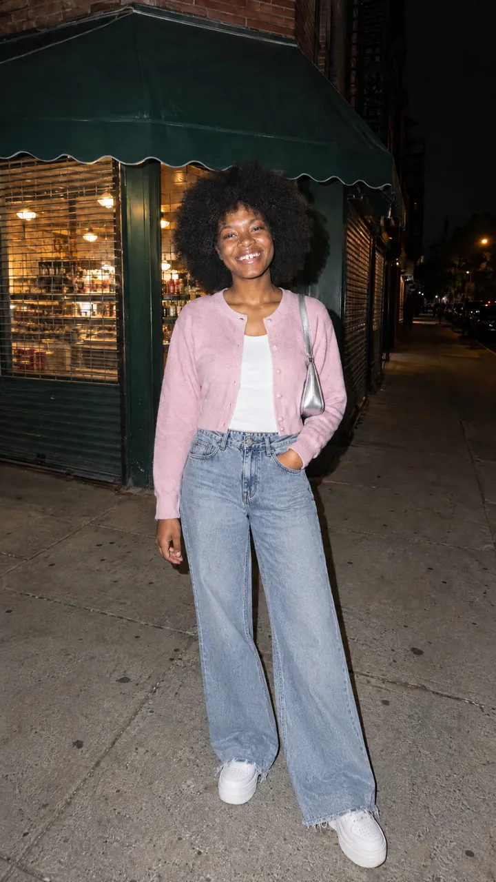 The same woman in the pink cropped cardigan, white tank, wide light-wash jeans and white platform sneakers