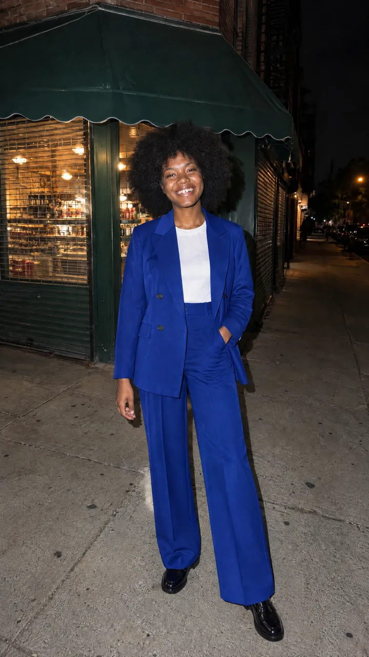 The same woman in the cobalt-blue double-breasted suit, white tank and black loafers