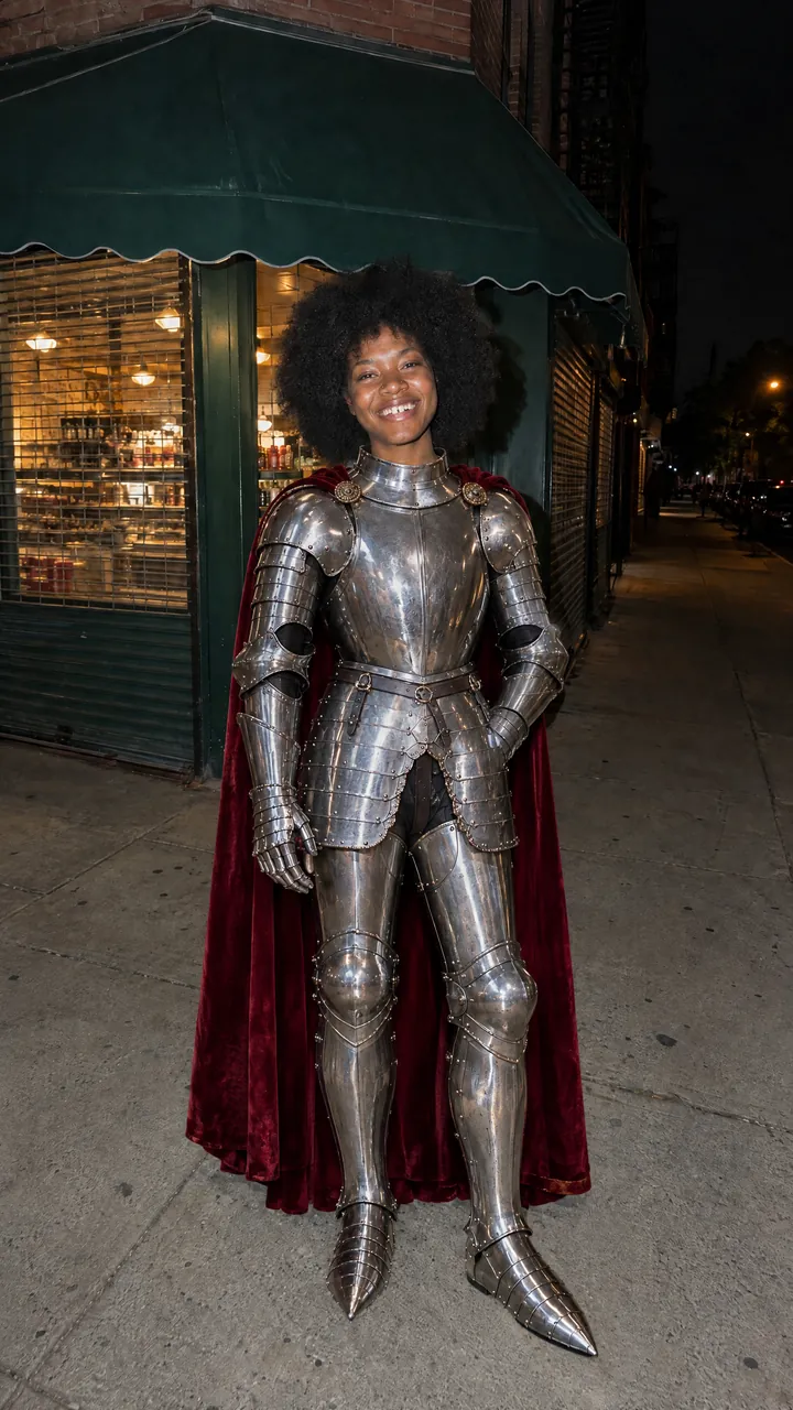 The same woman on the sidewalk in full steel plate armor and a red velvet cape, with her afro and grin unchanged