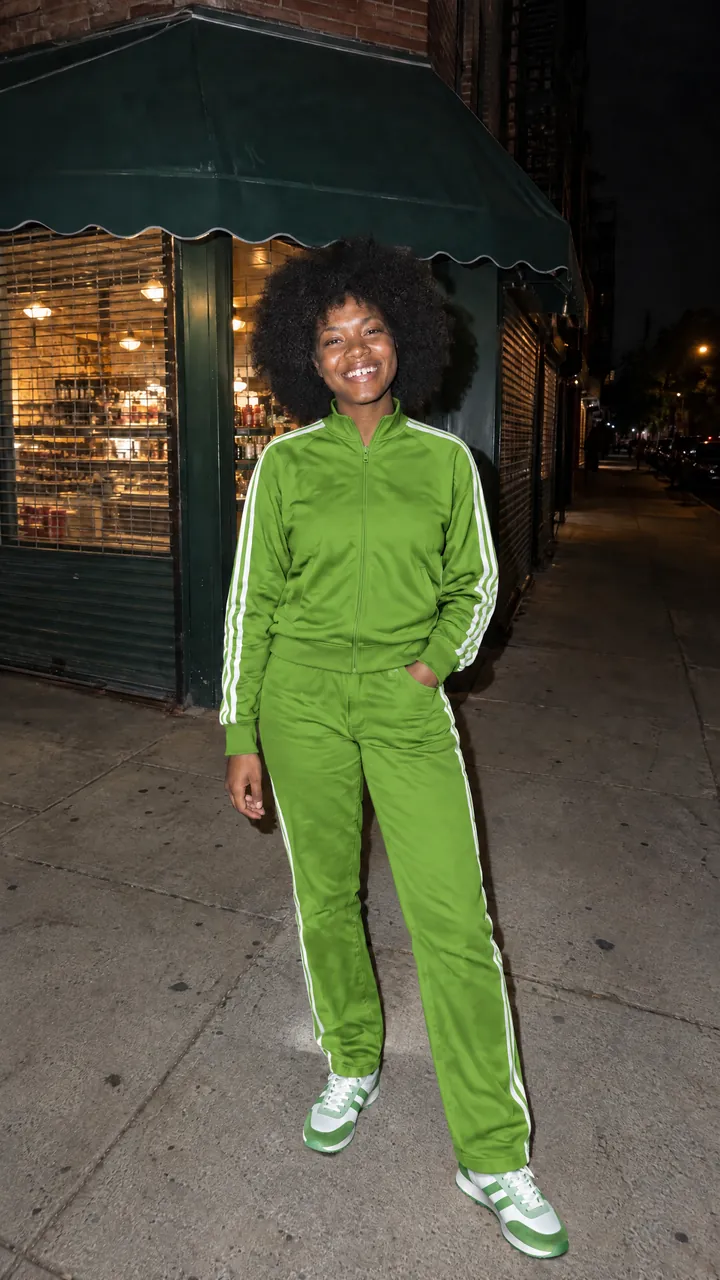 The same woman in the lime-green tracksuit with white side stripes and green and white sneakers