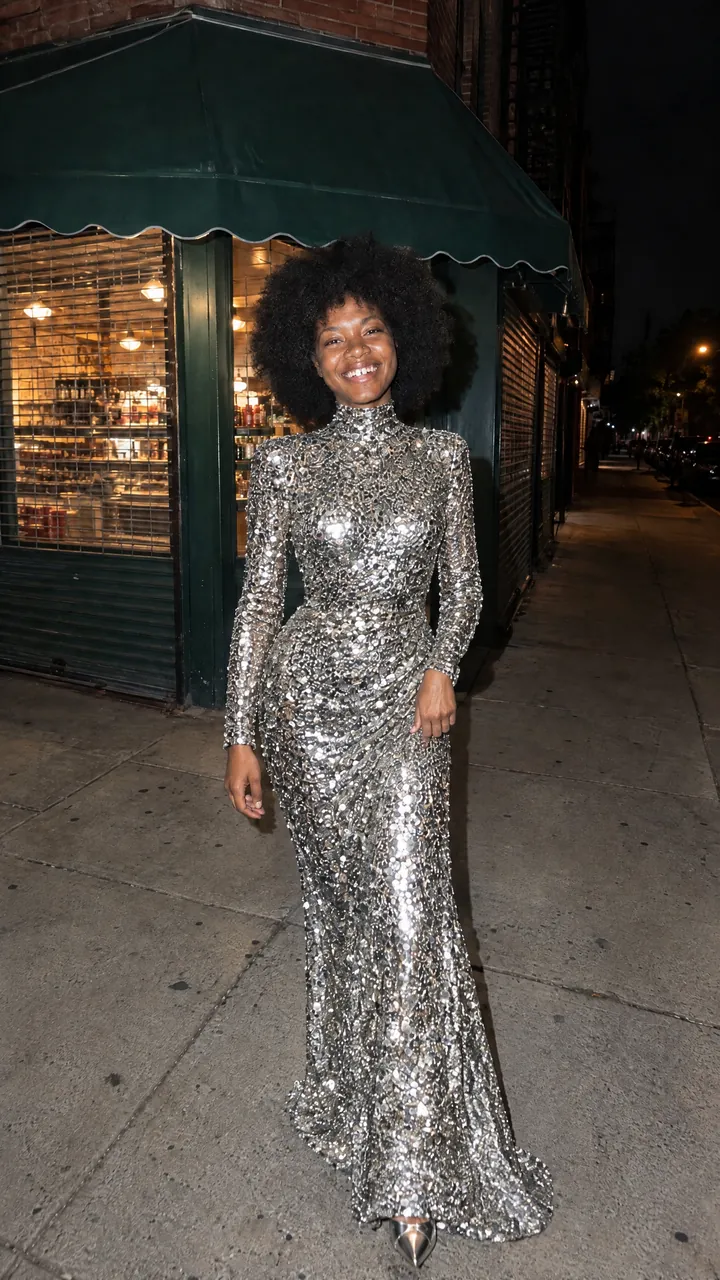 The same woman on the sidewalk in the floor-length silver sequin gown and silver heels