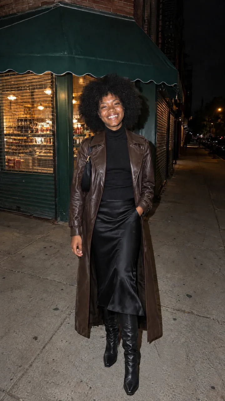 The same woman on the same sidewalk in a brown leather trench coat, black turtleneck, black satin midi skirt and knee boots