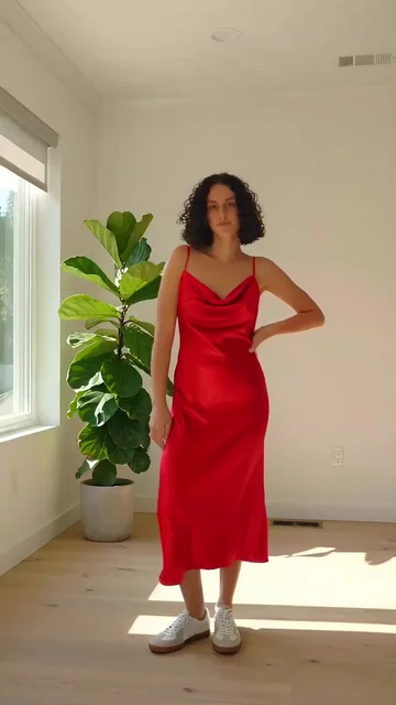 The same frame in a red slip dress