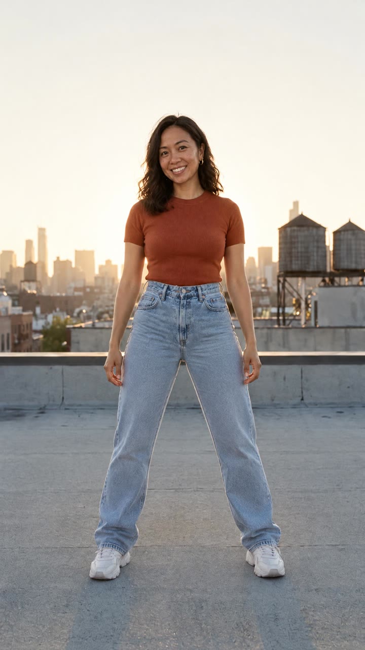 Reference person posed in the rooftop dance opening frame