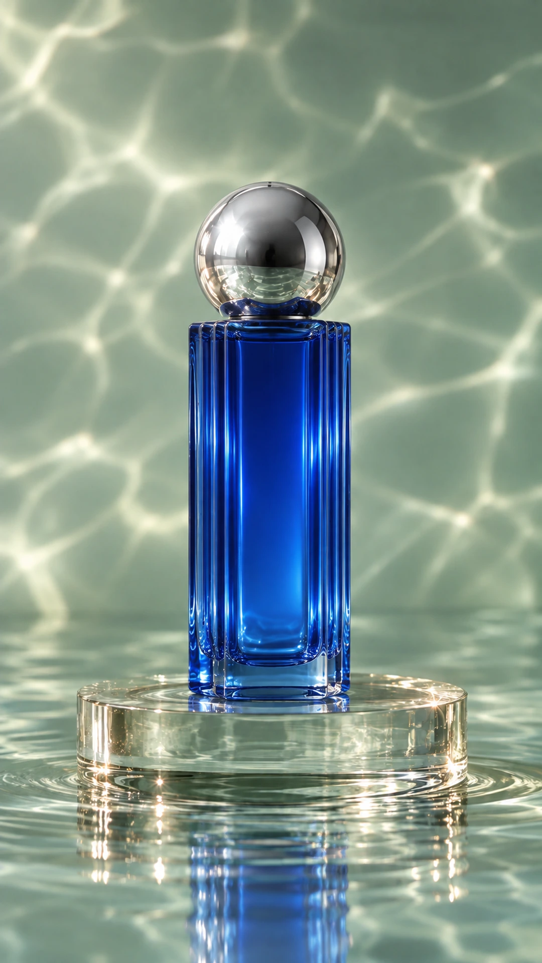 Cobalt rectangular perfume bottle with a silver spherical cap