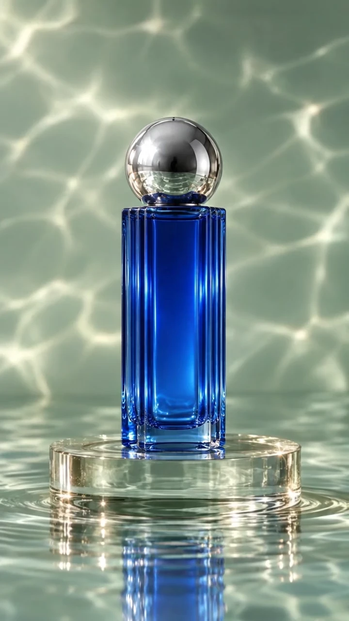Cobalt bottle with a chrome cap on the original glass pedestal