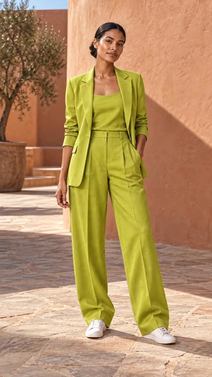 Made outfit edit changing a blue dress into a lime suit